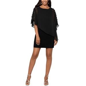 XSCAPE Black Cocktail Dress Floral Embellished Overlay Cape Shift Size 16